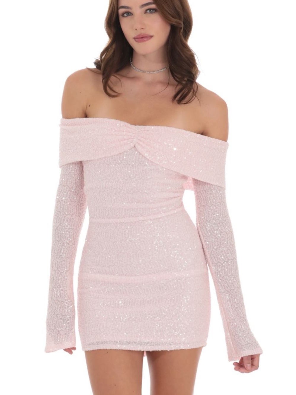 Lucy in the Sky Light Pink Off-Shoulder Sequin Bodycon Dress